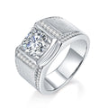 Jewelry wholesale Moissanite 1CT/2CT D/VVS1 Round-Cut Pavé Shoulder Solitaire Square-Top Men’s Ring – 18K White Gold Vermeil on 925 Silver, GRA Certified