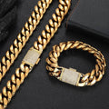 Wholesale Jewelry Set Miami Cuban Link Cubic Zirconia Hip Hop 304 Stainless Steel Necklace and Bracelet Set with Flip Clasp – 18K Gold Plated, Chain 7in-30in,Waterproof