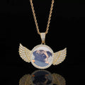Jewelry wholesale Wholesale Cubic Zircon Hip Hop Angel Wing Round DIY Photo Pendant Necklace