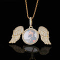 Wholesale hip-hop angel wings round photo pendant necklace,24in