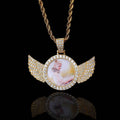 Wholesale Hip Hop Cubic Zircon Wings Round DIY Photo Pendant Necklace,Twist Chain 24in