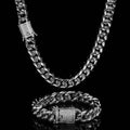 Wholesale Jewelry Set 12mm Iced Out Clasp Cuban Link Cubic Zirconia Hip Hop 304 Stainless Steel Chain Bracelet Necklace, Chain 16in-30in