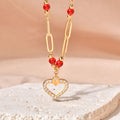 Jewelry wholesale Wholesale Heart Cubic Zirconia Red Ball Elegant Pendant 304 Stainless Steel Paperclip Chain Necklace-18K Gold Plated, Waterproof