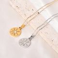 Wholesale Sun Coin Cubic Zirconia 304 Stainless Steel Pendant Necklace – 18K Gold Plated, Chain 15.75in + 2.36in, Waterproof