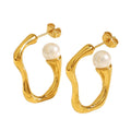 Wholesale Pearl U Shaped Trendy 304 Stainless Steel Hoop Earrings-18K Gold Plated, Waterproof