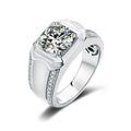 Jewelry wholesale Moissanite 3CT D/VVS1 Round-Cut Pavé Shoulder Solitaire Square-Top Men’s Ring – 18K White Gold Vermeil on 925 Silver，GRA Certified