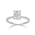 Jewelry wholesale Wholesale Moissanite D/VVS1  Emerald Cut Four-Prong Solitaire Pavé Shoulder Engagement Ring – 18K White Gold Vermeil on 925 Silver，GRA Certified