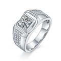 Jewelry wholesale Moissanite 1CT D/VVS1 Round-Cut  Solitaire Pavé Shoulder Square-Top Men’s Ring – 18K White Gold Vermeil on 925 Silver，GRA Certified