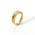 Jewelry wholesale Wholesale Ribbed  Cubic Zirconia Minimalist 304 Stainless Steel Solitaire Ring – 18K Gold Plated, Waterproof