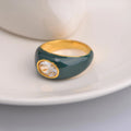 Wholesale Oval Bezel Set Cubic Zirconia Enamel Dome Minimalist 304 Stainless Steel Ring – 18K Gold Plated, Waterproof