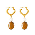 Jewelry wholesale Vintage Fine Jewelry Pearl Tiger Eye Heart Shape Hoops Dangle Earrings