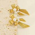 Bow 18K Gold Plated with Pearl Inlaid Fashion Vintage Jewelry Stainless Steel Hoop for Women's Party and Wedding Stud Earrings WAN4 Jewelry