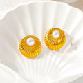 Elegant Vintage 18K Gold Plated Stainless Steel Pearl Radial Oblique Round Earrings Geometric Ear Studs For Women Fine Jewelry WAN4 Jewelry