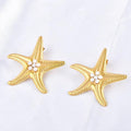 18K Gold Plated Stainless Steel Hyperbole Style Starfish Pattern Inlaid Pearl Jewelry for Engagement or Anniversary Earrings WAN4 Jewelry